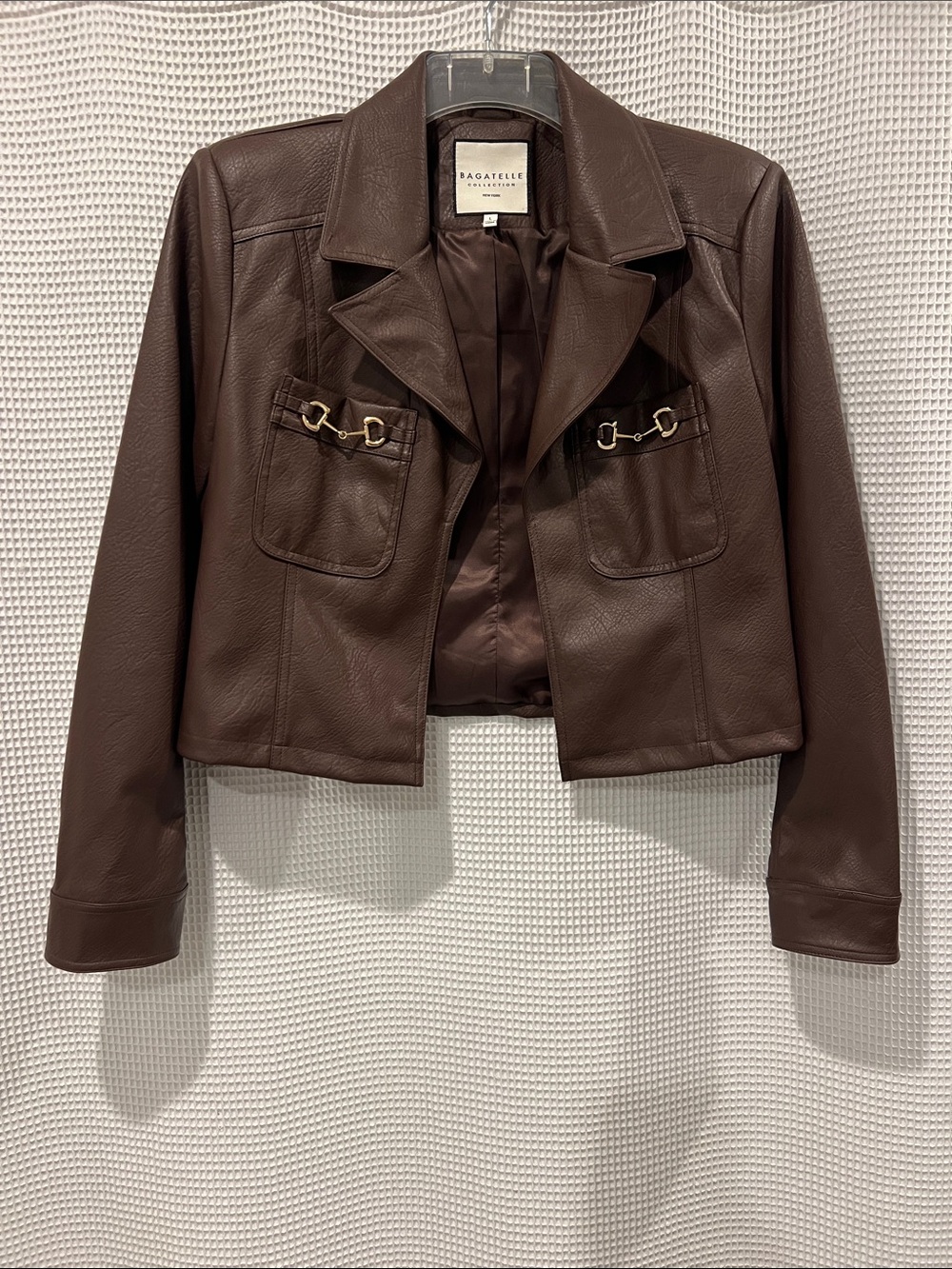 bagatelle Dark Brown Cropped Faux Leather Jacket with Gold Hardware